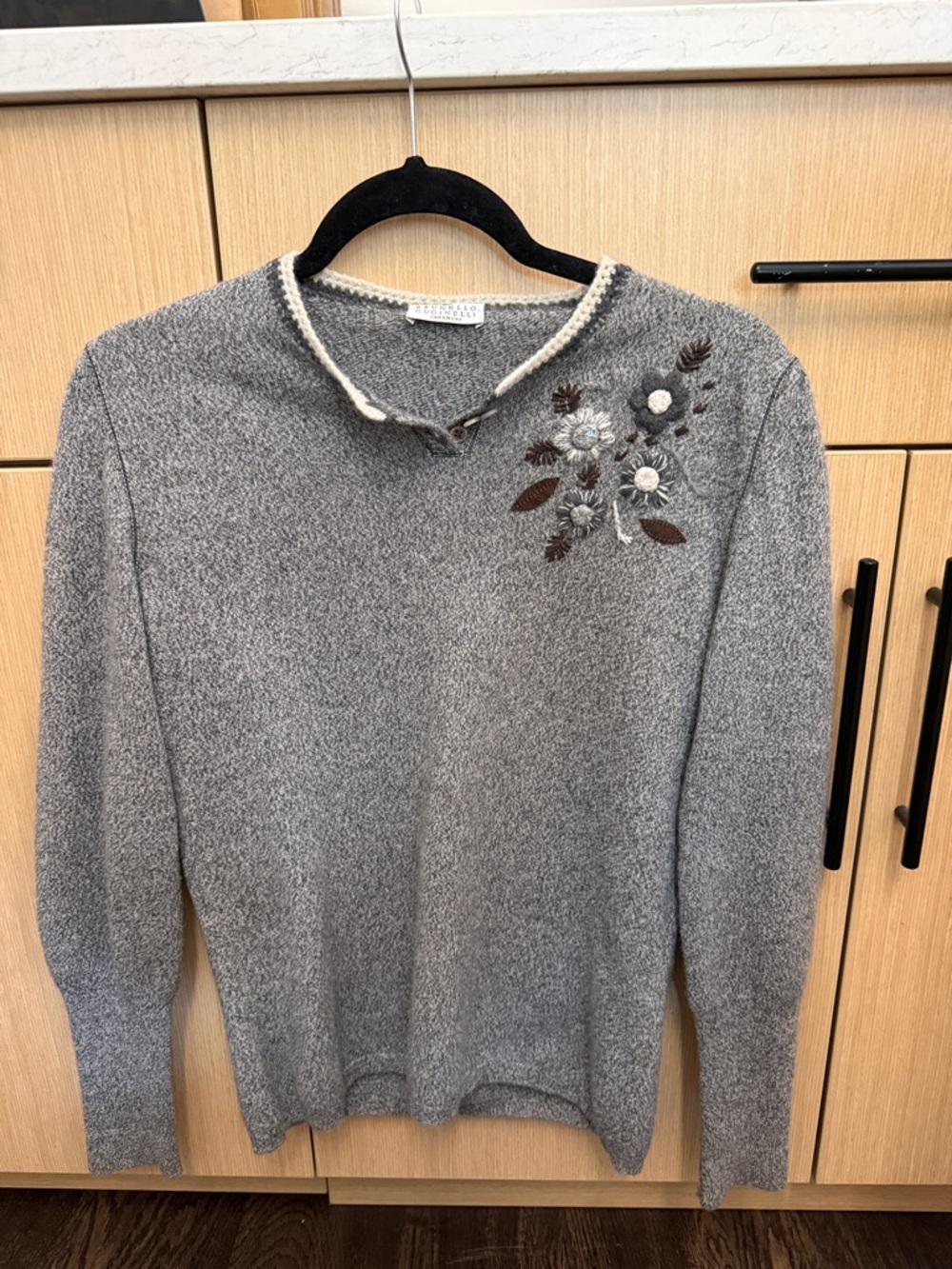 Brunello Cucinelli Gray Crewneck Sweater with Floral Embroidery